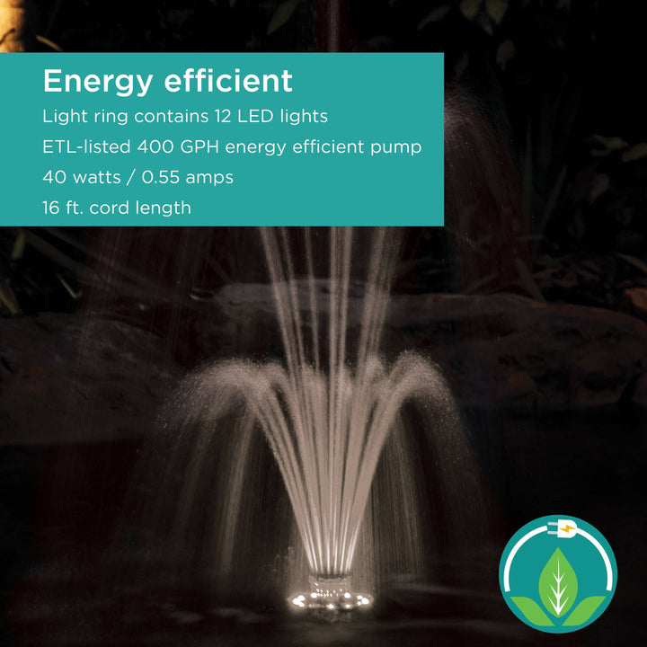 Energy efficient Floating Fountain shown at night with the lights shining