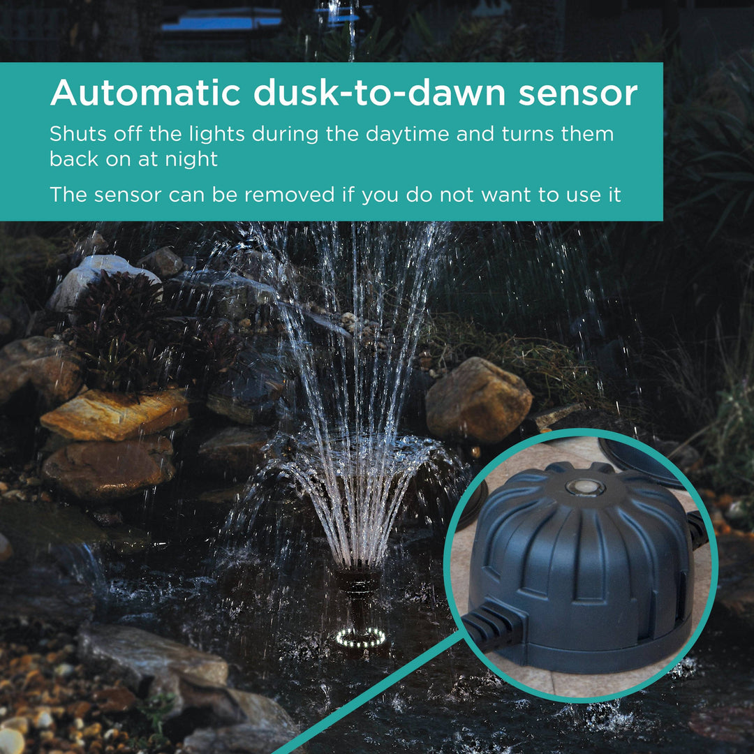 Light Ring on a nozzle kit in a pond at night. Dusk-to-dawn sensor call out