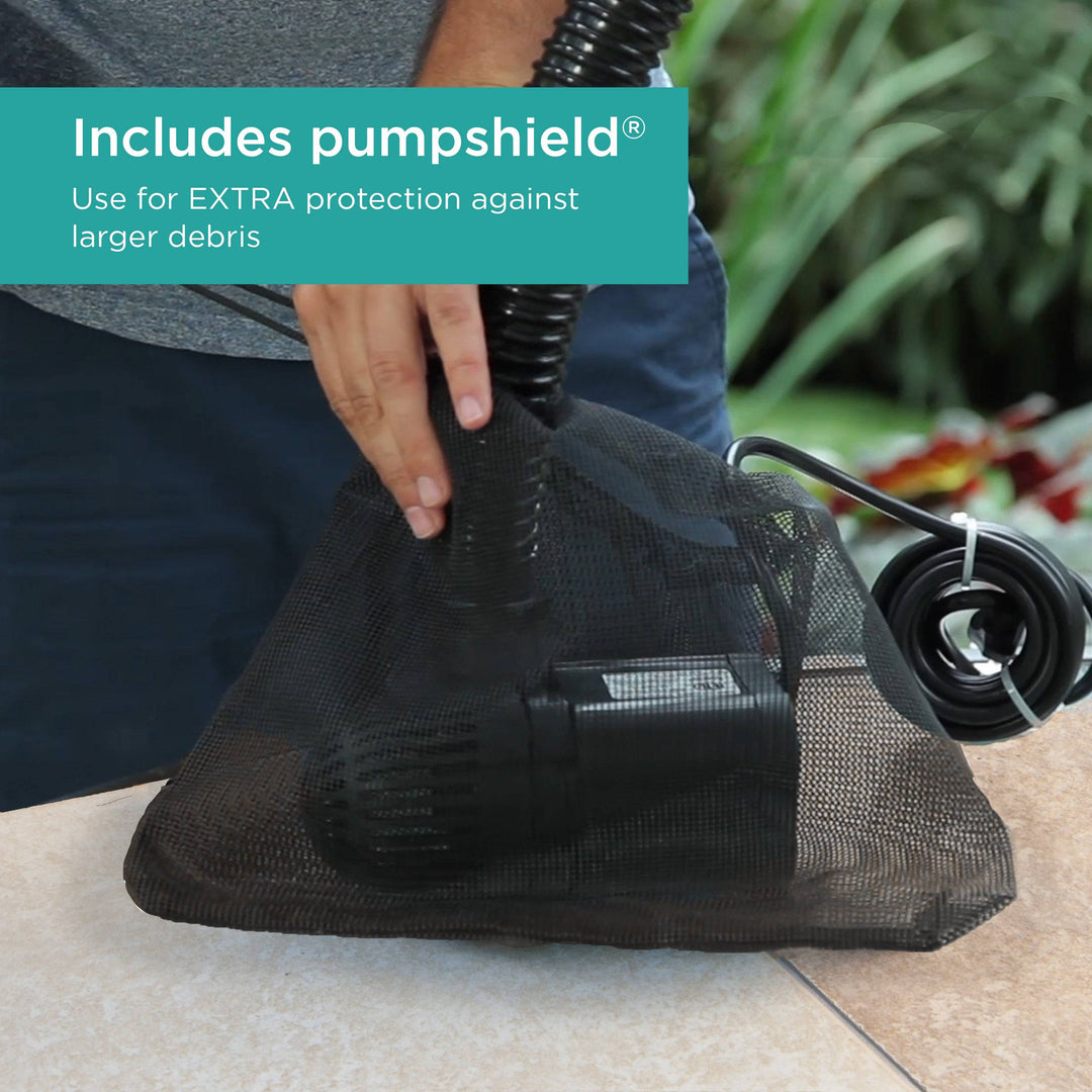 2,000 GPH Waterfall Pump includes pumpshield for extra protection against larger debris