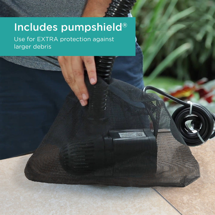 2,000 GPH Waterfall Pump includes pumpshield for extra protection against larger debris