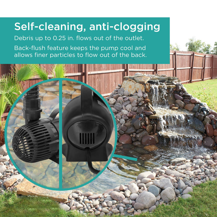 3,600 GPH Waterfall Pump features self-cleaning and anti-clogging