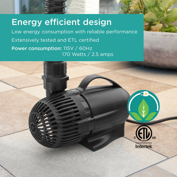 3,600 GPH Waterfall Pump features energy efficient design - low energy consumption, reliable peformance, and is ETL certified