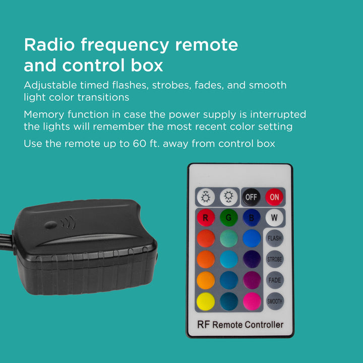 Color Changing Pond & Landscape LED Light Set includes radio frequency remote and control box