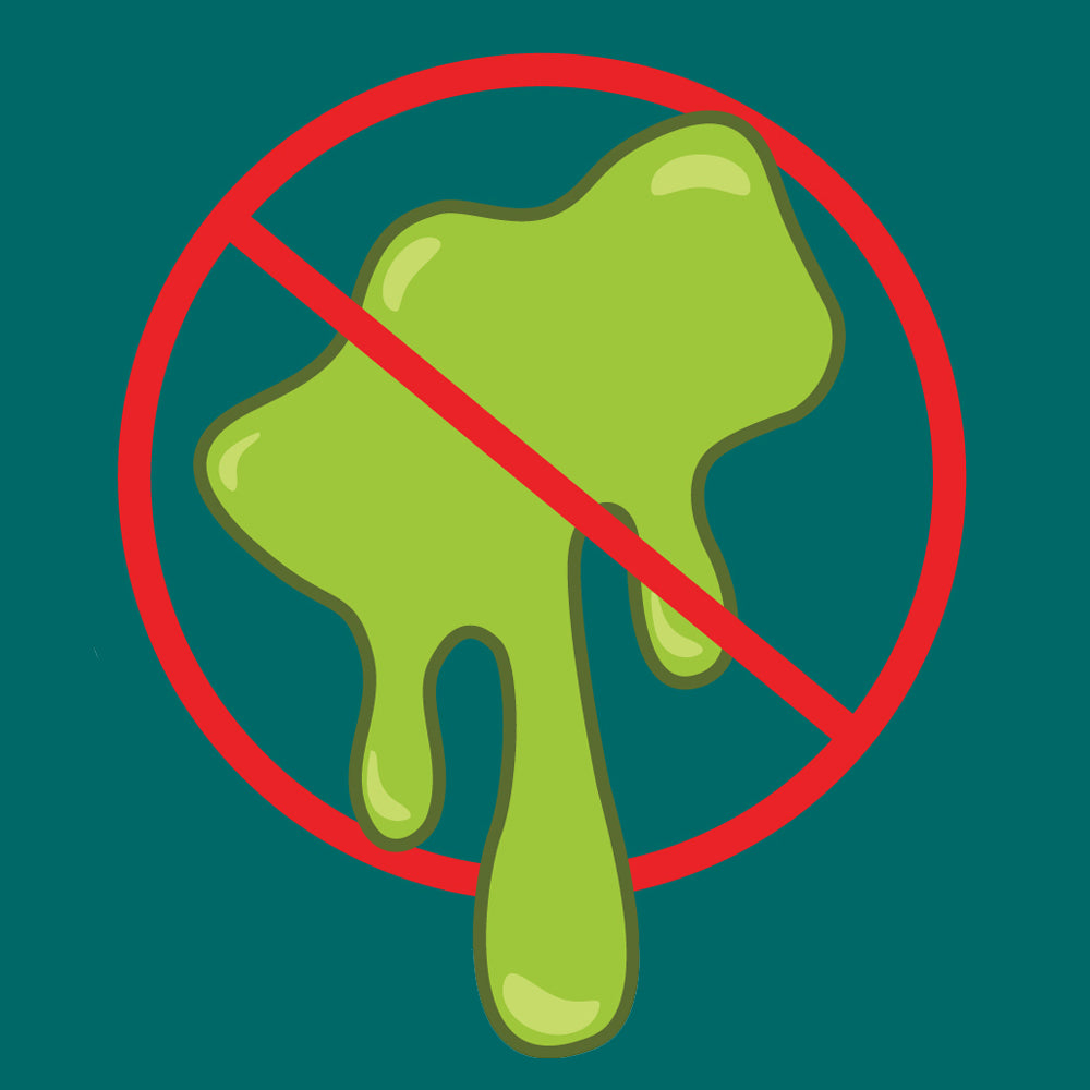 Illustration of green algae with a red prohibition symbol, representing pond algae control