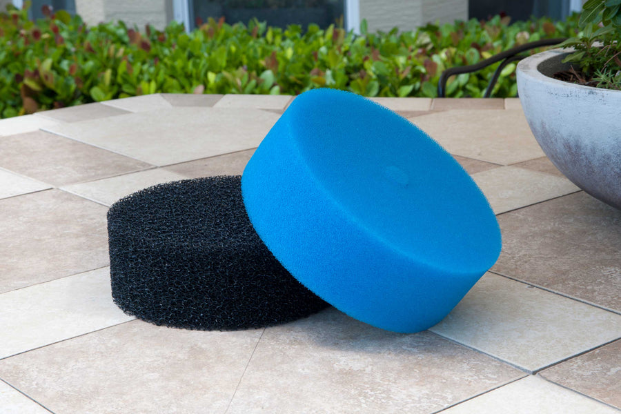 Blue and black foam filters on a patio with plants in the background