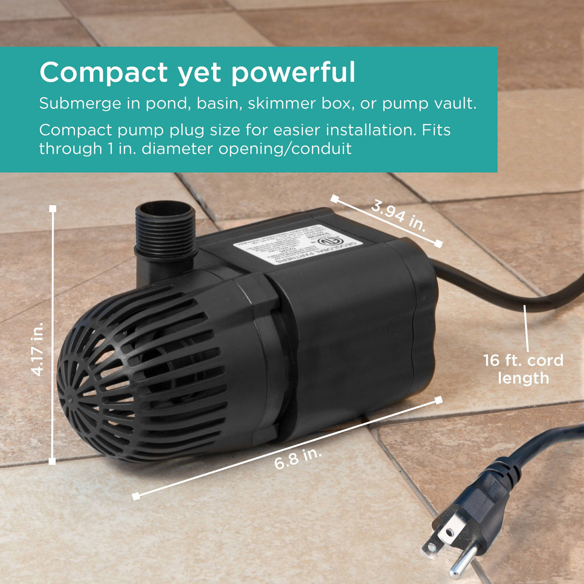 1,200 GPH Waterfall Pump is compact yet powerful - size chart