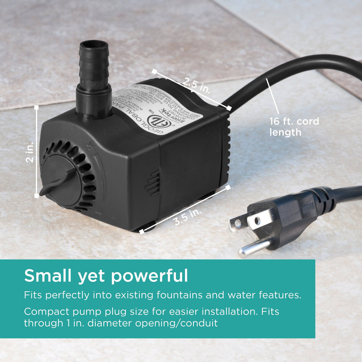 170 GPH Low-Water Auto Shut-off Fountain Pump small yet powerful - size chart