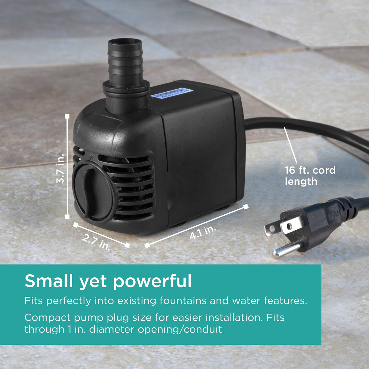 500 GPH Fountain Pump is small yet powerful - size chart