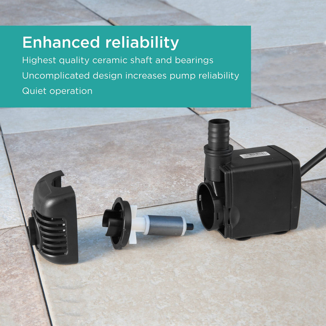 500 GPH Fountain Pump features enhanced reliability with high quality shaft and bearings, uncomplicated design, and quiet operation