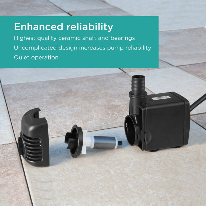 500 GPH Fountain Pump features enhanced reliability with high quality shaft and bearings, uncomplicated design, and quiet operation