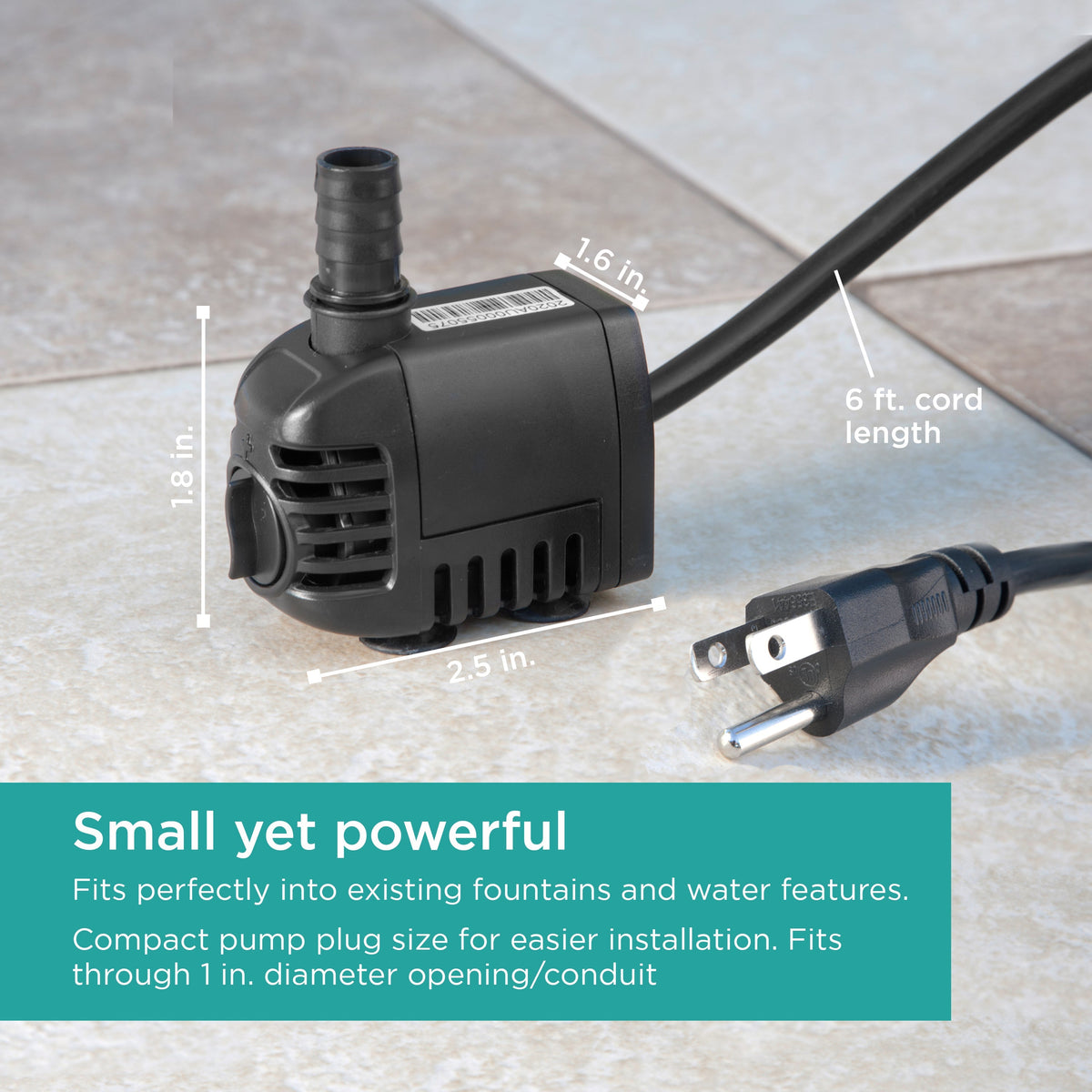 70 GPH Fountain Pump is small yet powerful - size chart