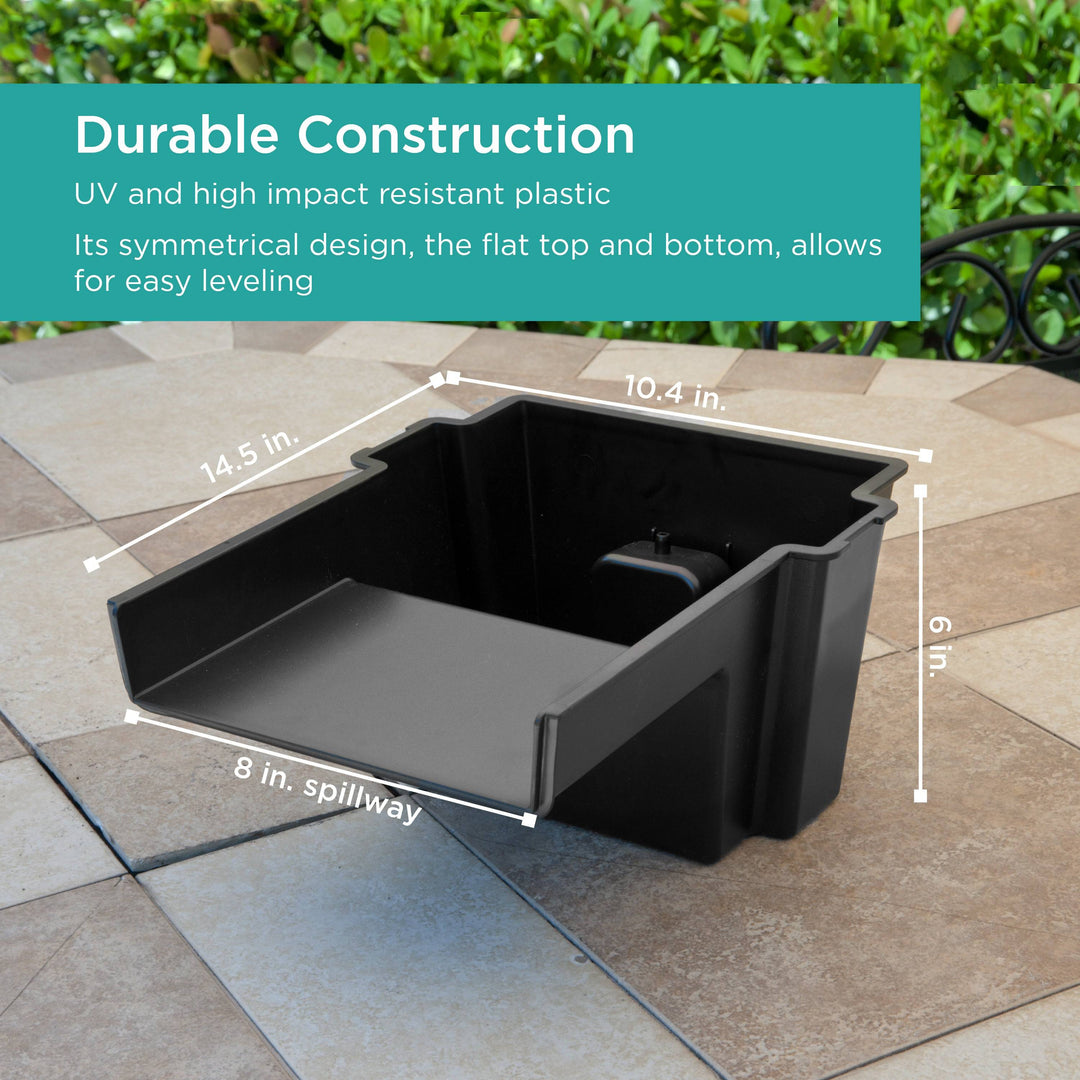 Waterfall Spillway features durable construction with UV and high impact resistant plastic and symmetrical design to allow for easy leveling - size chart