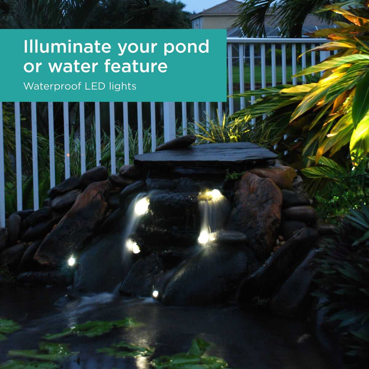 Pond & Landscape Mini LED Light Set illuminates pond or water feature